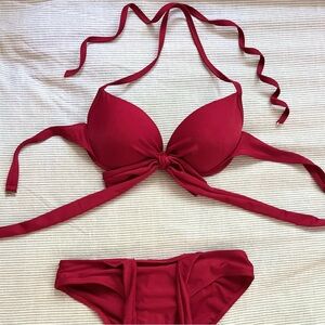 Maroon Knot Push Up Bikini Top Bottom Set